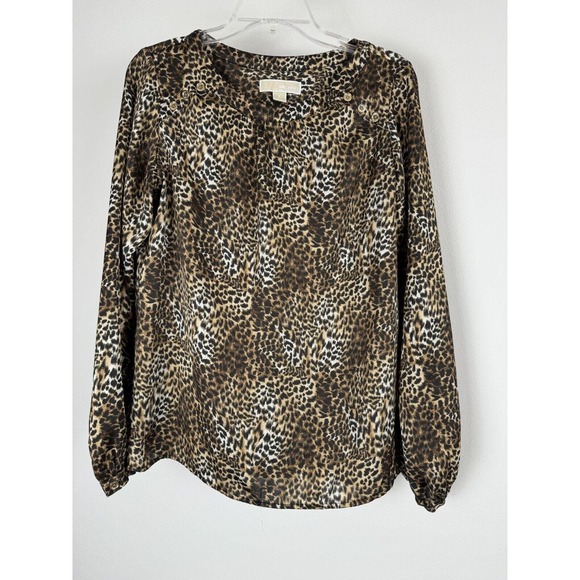 Michael Kors Blouse Top Leopard Print Golden button shoulder - Picture 1 of 6